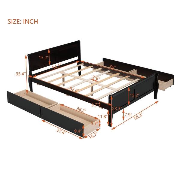 dimension image slide 2 of 4, Full Wood Platform Bed with Drawers - Elegant Design, No Box Spring Needed