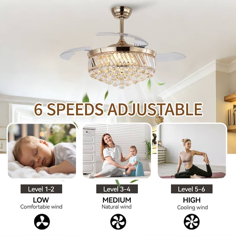 48" Crystal Fandelier Ceiling Fan with Light and Retractable Blades LED Dimmable for Bedroom Living Room - 48 Inches