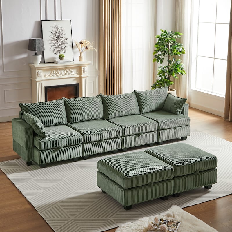 Roomfitters 113.5" Modular Corduroy U-Shaped Sectional Sofa, 6-Seater Convertible Couch with Chaise and Storage Ottoman