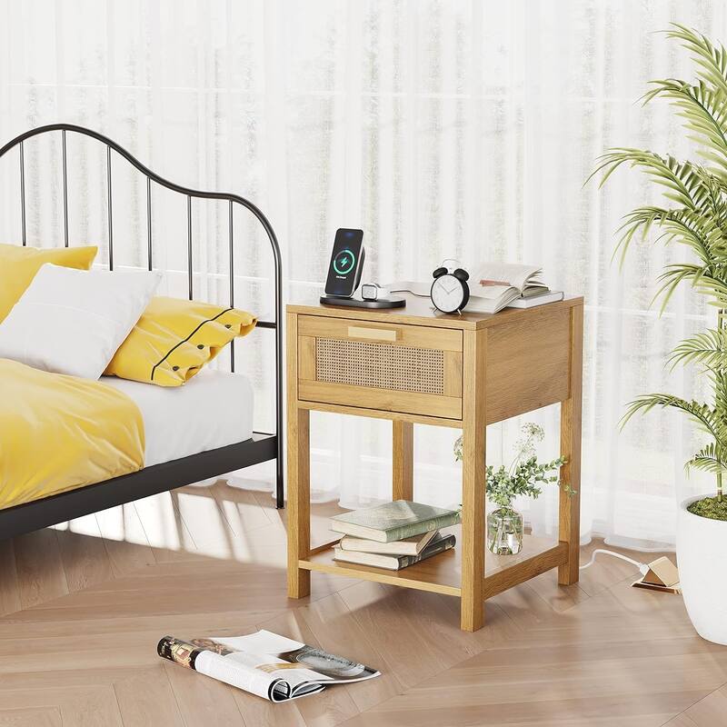 Rattan Nightstand with Charging Station, Wooden 15.7"D x 15.7"W x 21.7"H