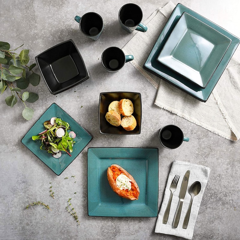 Gibson Elite Kiesling 16 Pc Plates, Bowls, & Mugs Dinner Set, Turquoise (2 Pack)