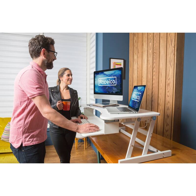 Rocelco 37.5 in. W White Height Adjustable Standing Desk Converter with Dual Monitor Mount and Double Screen Riser Platform