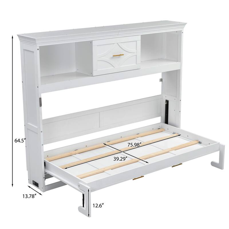 Compact Twin Murphy Bed with Charging Station, Drawer, and Storage Cabinets, White