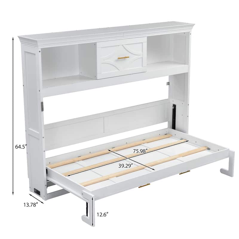 Sturdy Twin Size Murphy Bed with 2 USB Ports Drawer and Storage Cabinets
