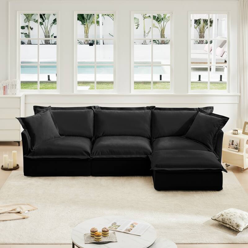 L-Shaped Slipcovered Sectional Sofa Couch, Comfy Chenille Deep Seat Cloud Couch with Convertible Ottoman & 2 Big Pillows - Black