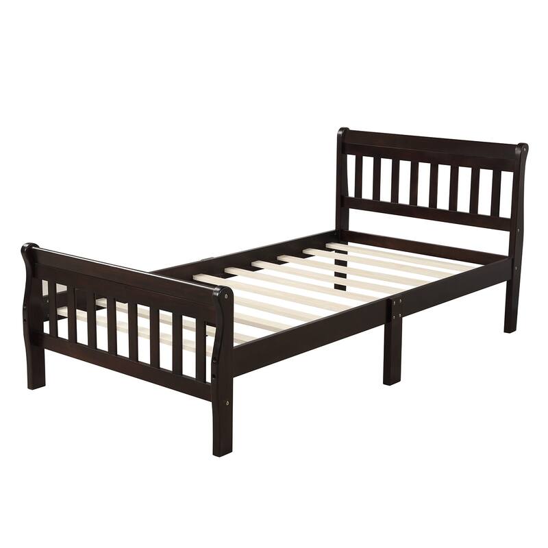 Wood Platform Bed, Twin Bed Frame Panel Bed, Mattress Foundation Sleigh Bed with Headboard/Footboard/Wood Slat Support