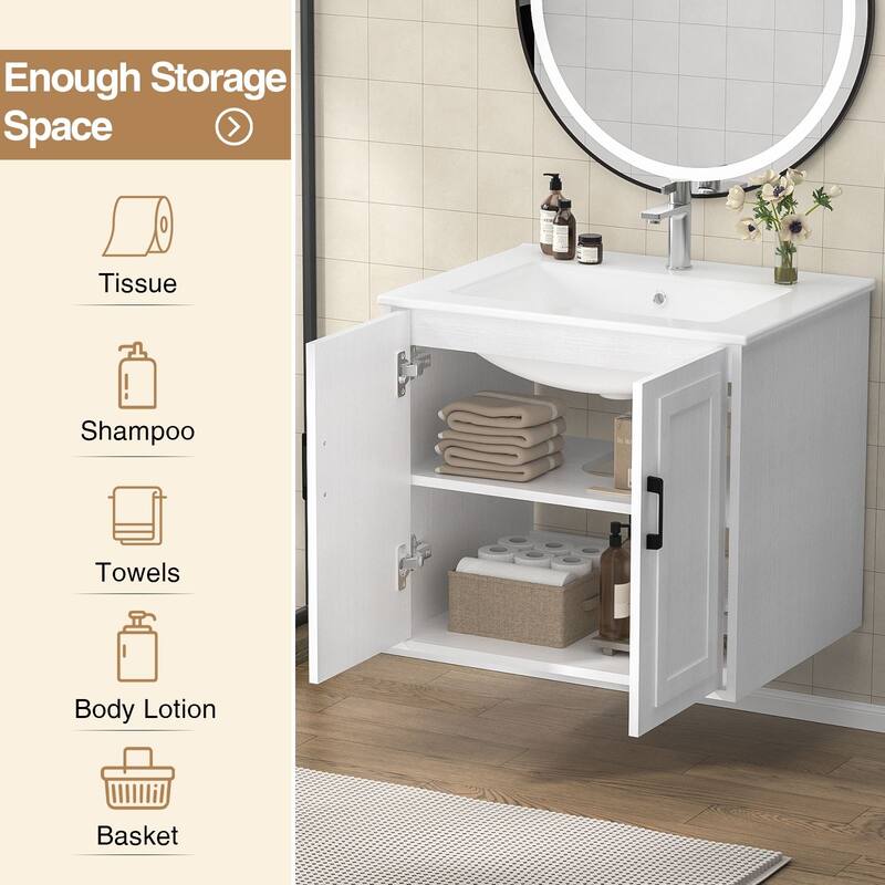 Anmytek 24'' Floating Bathroom Vanity Sink Combo Wall Mounted Cabinet with Soft Close Door