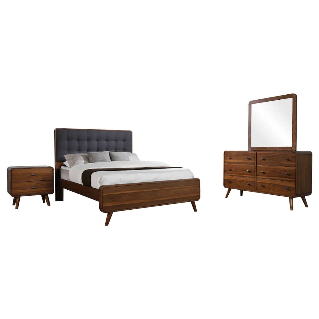 Ryb 4pc Bedroom Set with King Bed, Walnut Brown, Dark Gray Upholstery