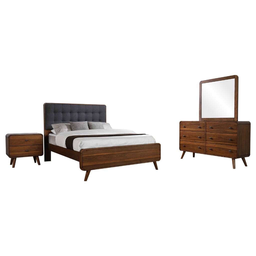 Ryb 4pc Bedroom Set with Queen Bed, Walnut Brown, Dark Gray Upholstery