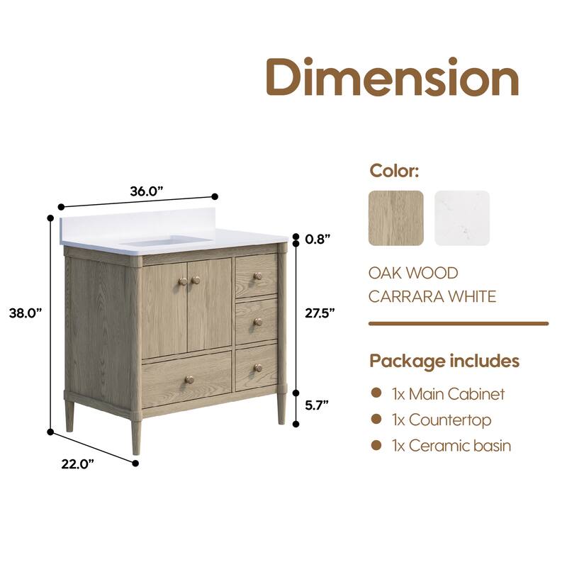 34''H Solid Wood Bathroom Vanity With Carrera White Quartz Top and Sink