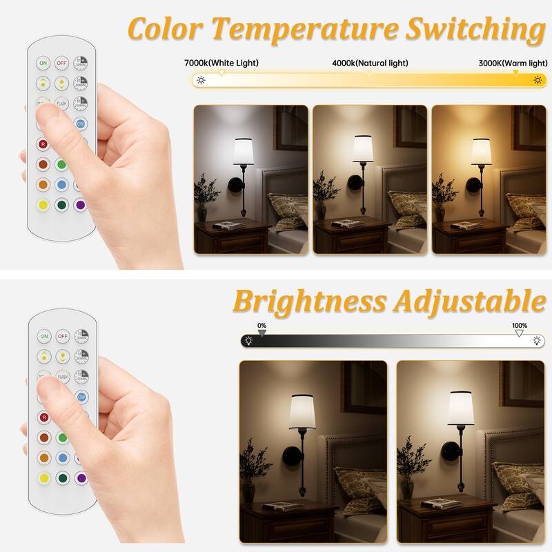 2-Pack Battery Operated Wall Sconces Rechargeable with Remote Control Dimmable 15-Color Light - N/A