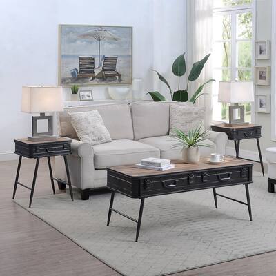 URBAN LOFT METAL TRUNK COFFEE AND 2 SIDE TABLES W/Fir wood tops, Metal base