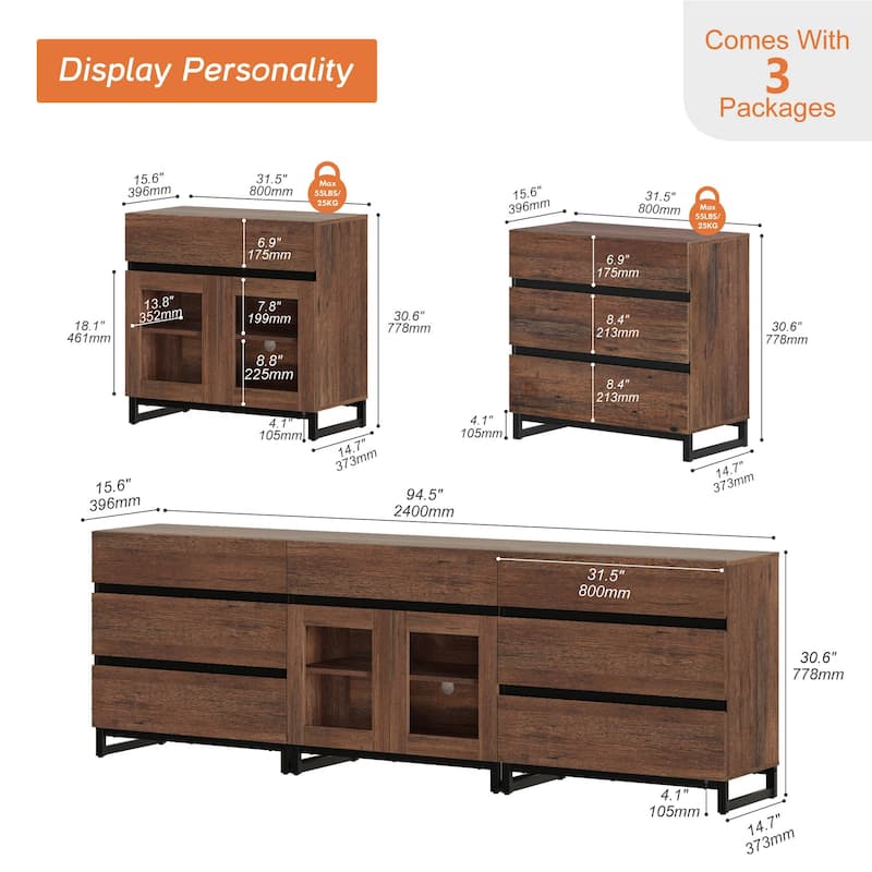 WAMPAT 3 in 1 Sideboard Buffet Cabinets with Glass Doors and 7 Drawers, Coffee Bar Cabinet Storage Cabinet for Kitchen