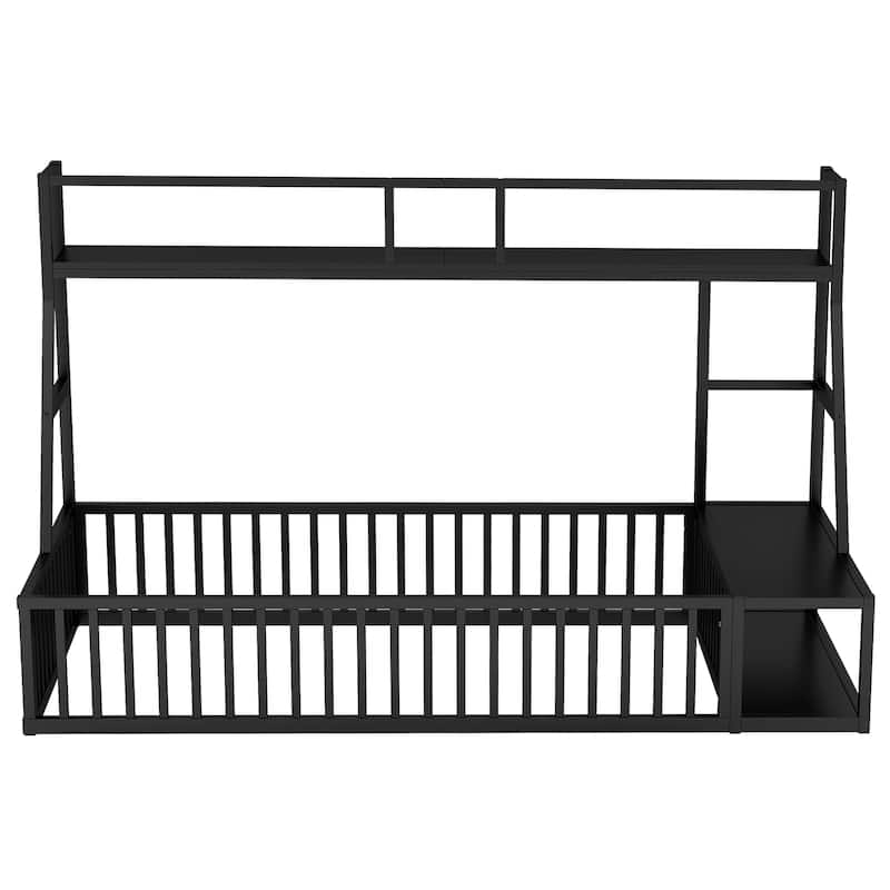 Twin Size Floor Bed Frame with Safety Fence, Metal Floor Bed with Desk and Storage Shelves, Playhouse for Kids