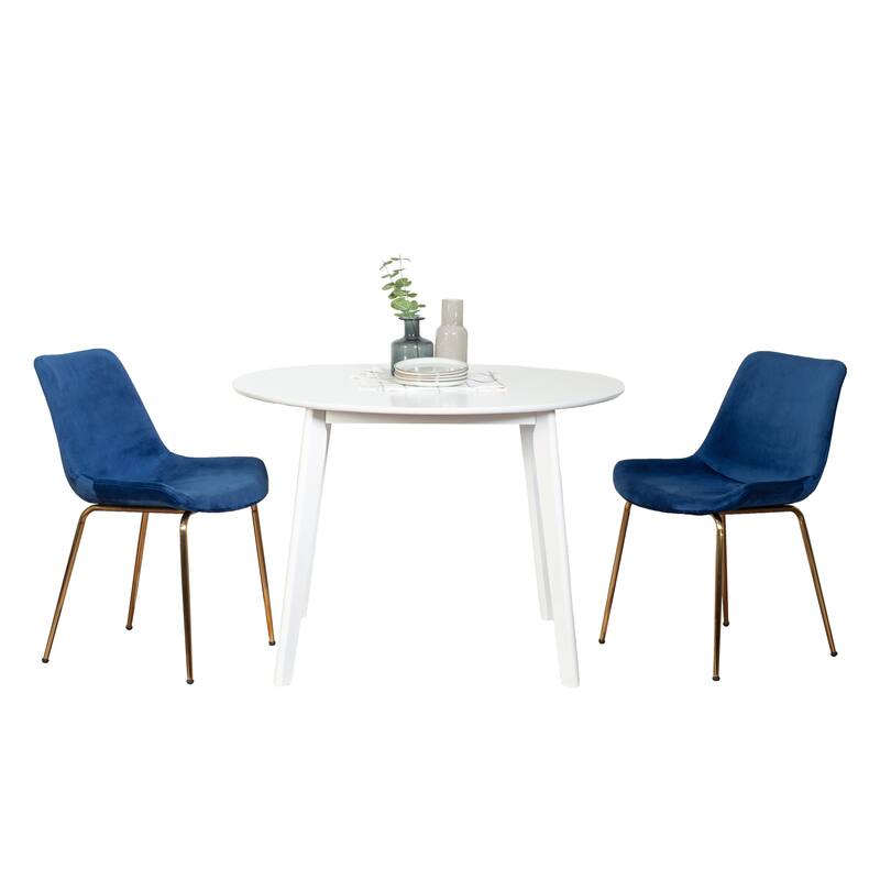 Modern Style Dining Set with Round Table and Velvet Upholstered Chairs - 3-Piece Sets - White+Blue