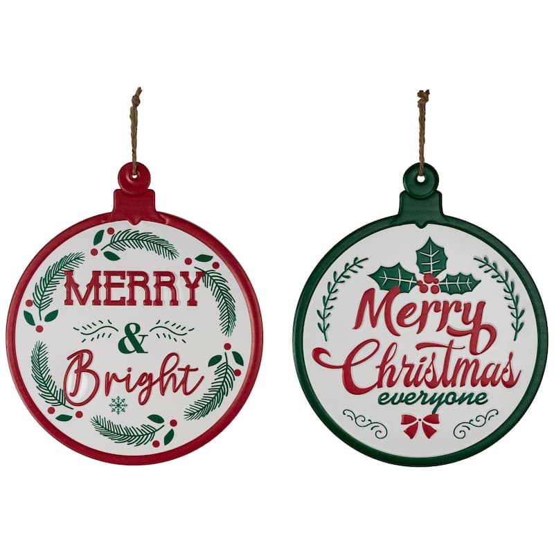 Merry and Bright Ornament Style Metal Christmas Wall Signs - 14" - Red and Green - Set of 2