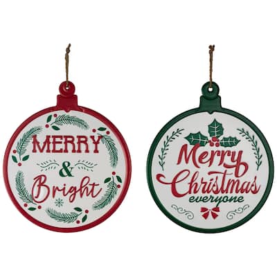 Merry and Bright Ornament Style Metal Christmas Wall Signs - 14" - Red and Green - Set of 2