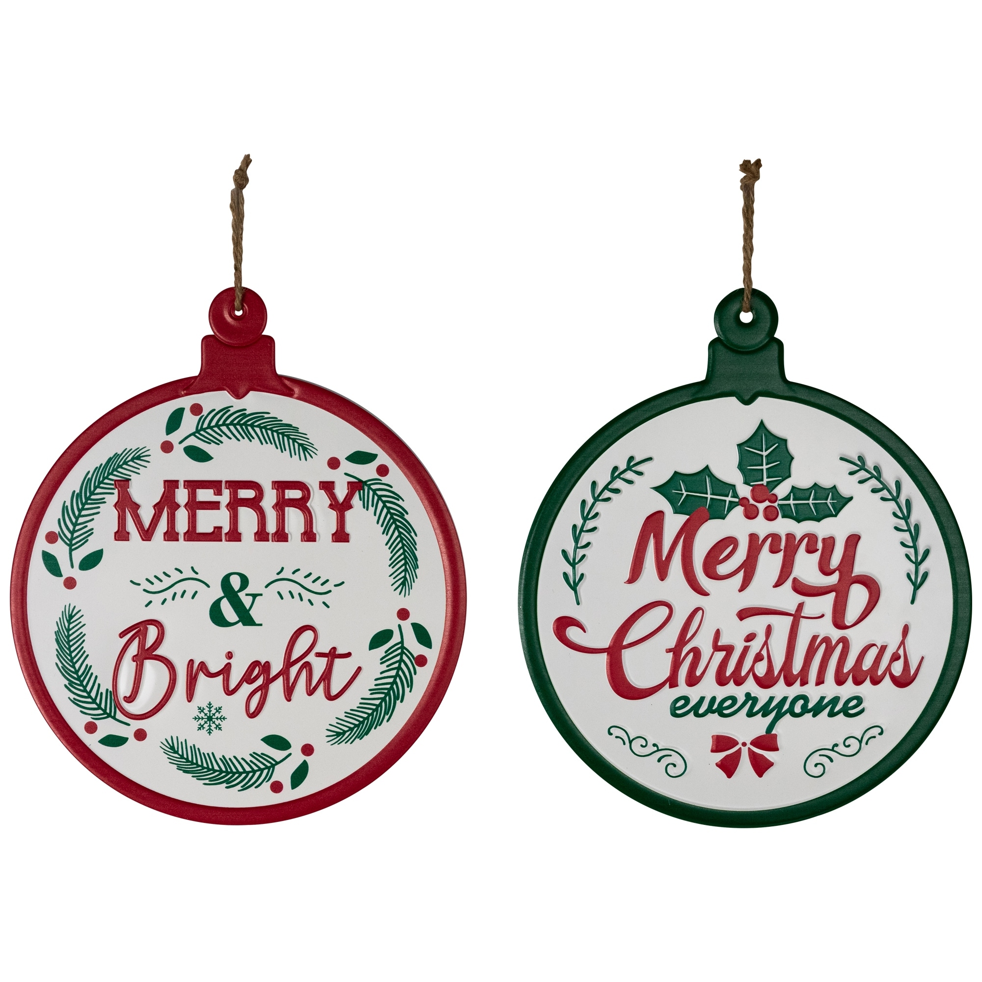 Merry Bright Ornament Metal Wall Signs 14" Red Green Set of 2