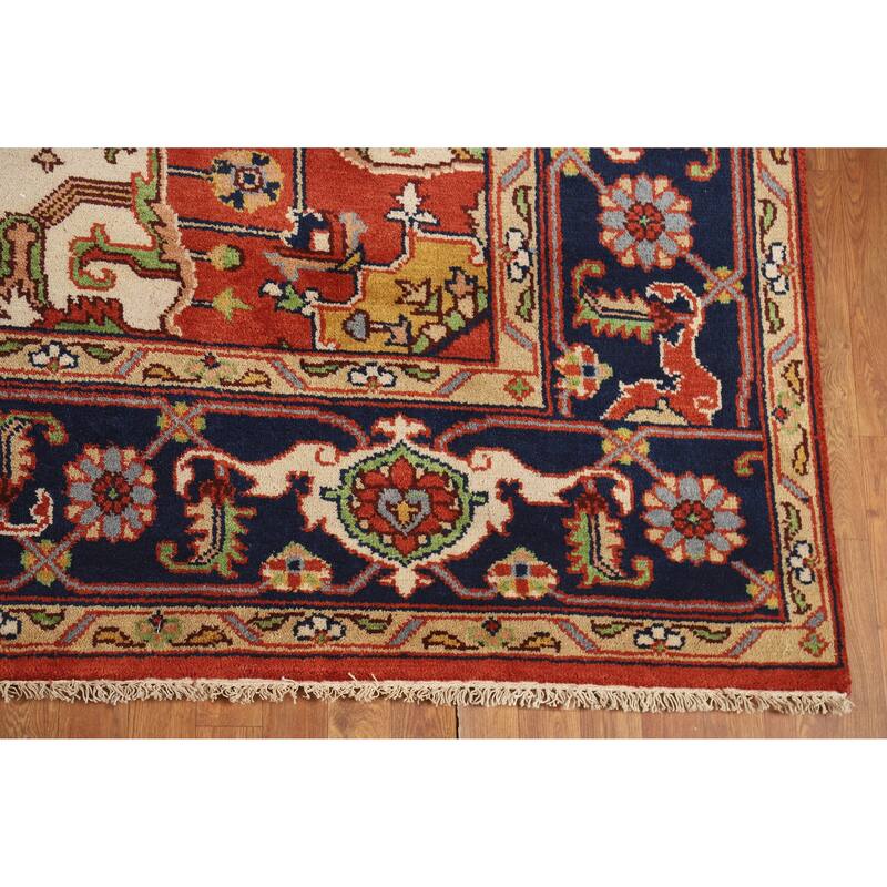 Orange Geometric Heriz Serapi Indian Area Rug Handmade Wool Carpet - 9'2" x 11'10"