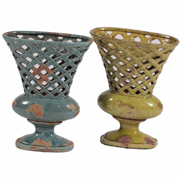 Beautiful Ceramic Vase With Handle, Blue And Green, ortment Of 2