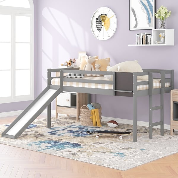 slide 2 of 56, Roomfitters Twin Size Loft Bed Wood Frame with Slide, Stair, and Chalkboard, Fun and Functional Design Gray - Twin
