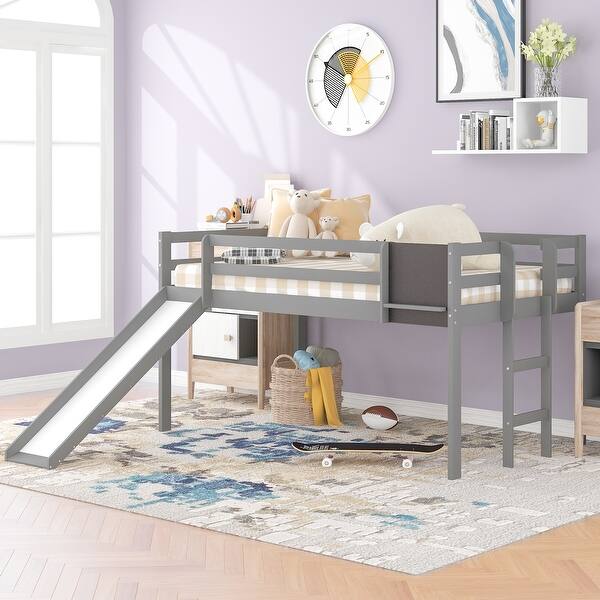 slide 2 of 14, Twin Loft Bed with Pine Frame, Convertible Slide, Stair, and Chalkboard for Creative and Fun Bedroom Use Grey