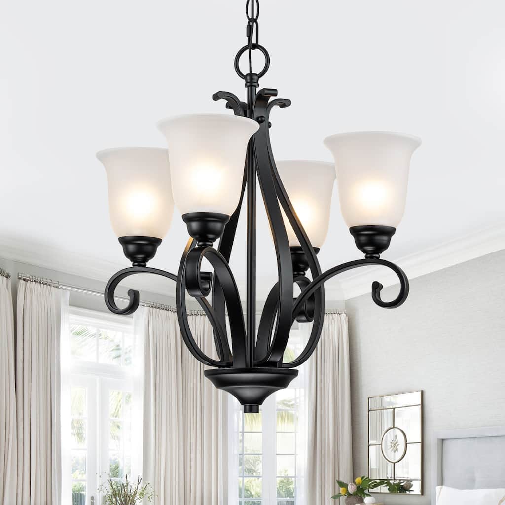 Matte Black 4-Light Candelabra Chandelier with Bell Glass Shades - Dia.8.39-in
