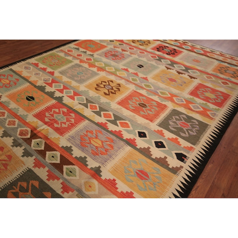 Reversible Geometric Multi-Color Kilim Area Rug Hand-Woven Wool Carpet - 7'11" x 11'2"