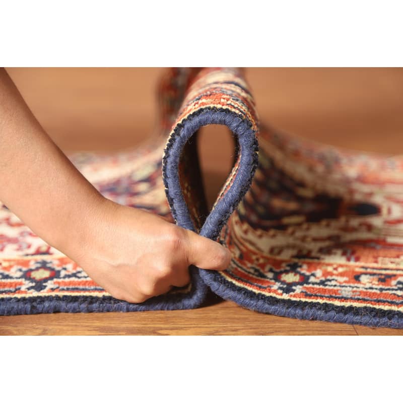 Hand Knotted Oriental 100% Wool Carpet Traditional Medallion Navy Blue & Blues Heriz (serapi) Area Rug - 3' 0'' X 2' 0''