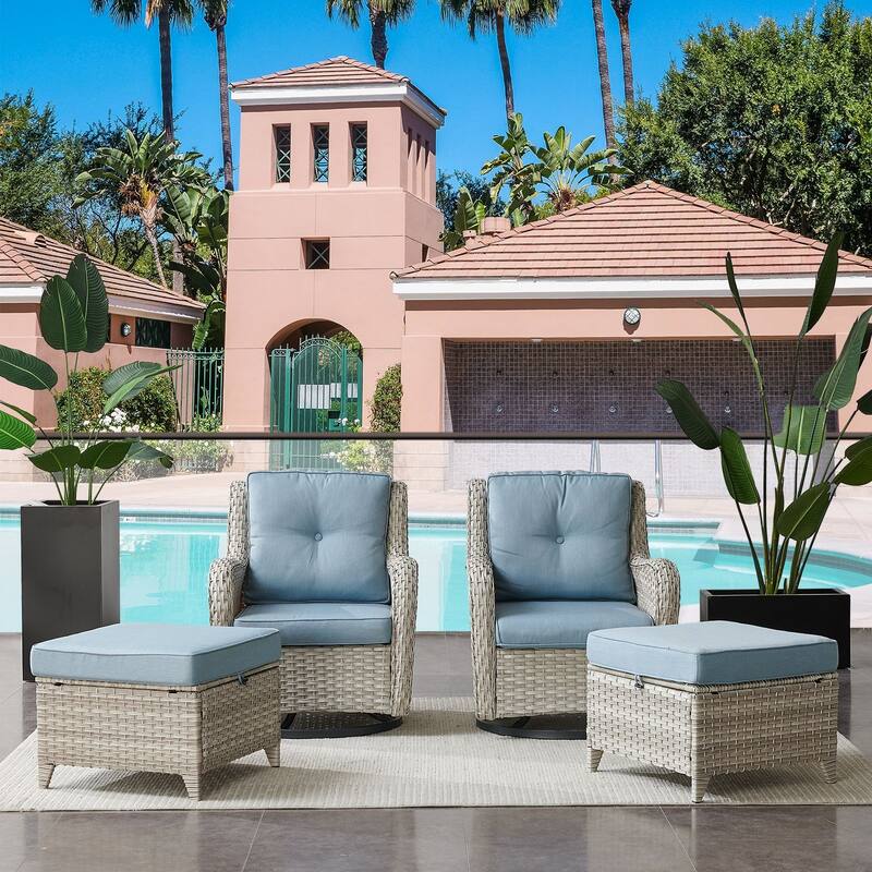 Gymojoy 4-Piece Outdoor Wicker Patio Furniture Chair Set, Rattan Coversation Set with Water Resistant Thick Cushions - Beige Wicker / Babyblue Cusion - 4-Piece
