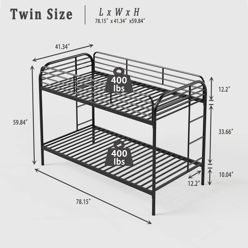 Metal Twin Over Twin Bunk Bed with 2 Ladders, Heavy-Duty Iron Frame, Full-Length Guardrails, No Box Spring Needed