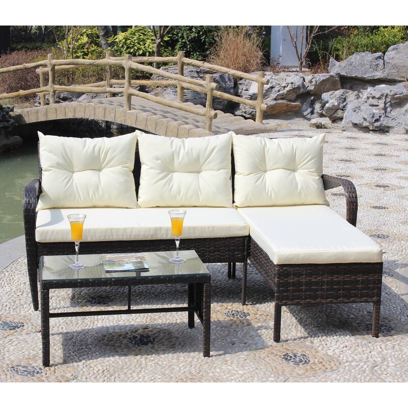 Brown 3Piece Outdoor Wicker Rattan Sectional Sofa Set with Seat
