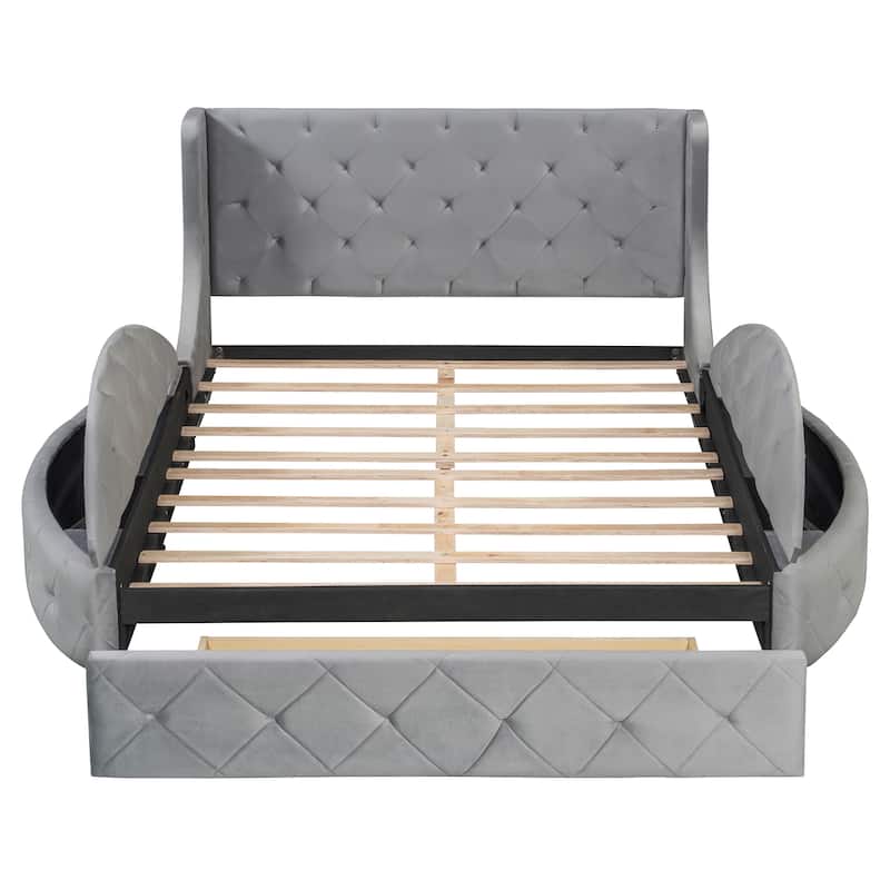 Low Profile Bed Queen Size Velvet Upholstered Platform Bed with Wingback Headboard, Big Drawer and 2 Semicircle Side Stools