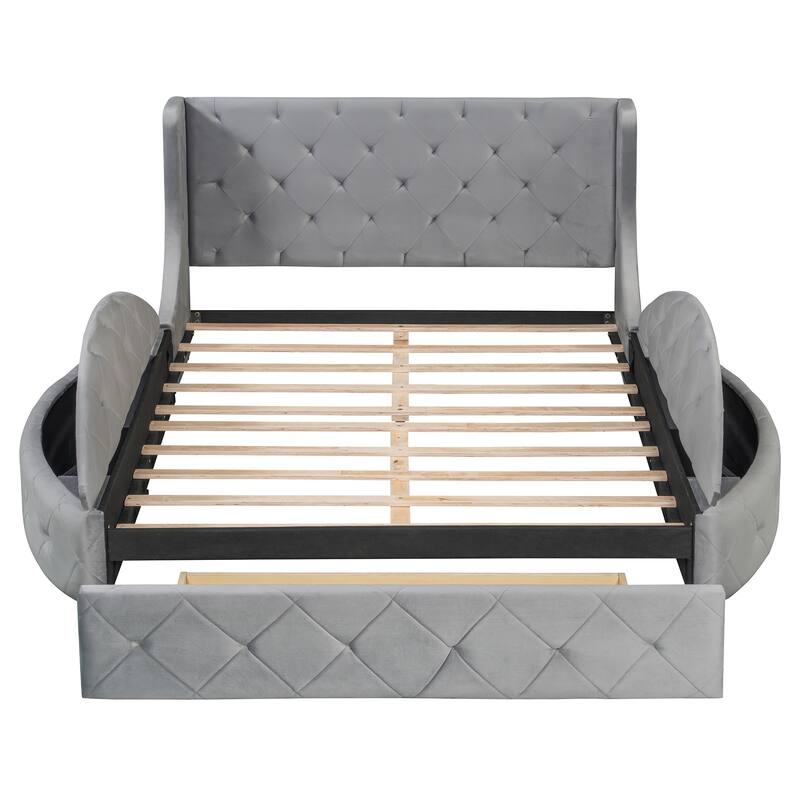 Upholstered Platform Bed Queen Size Storage Velvet Bed with Wingback Headboard and 1 Big Drawer,2 Side Storage Stool