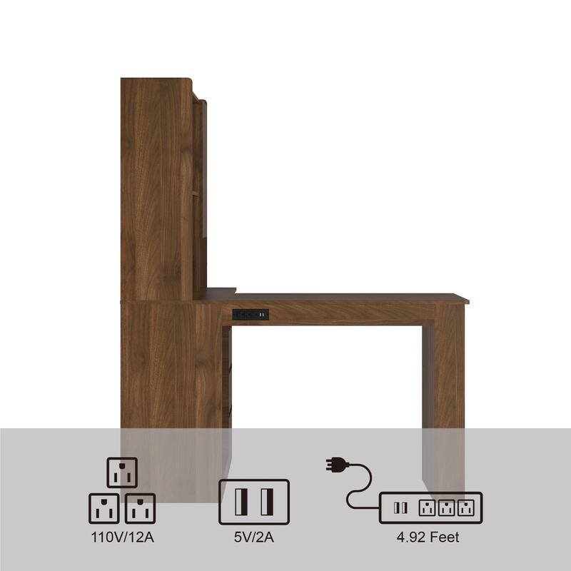 L-Shaped Corner Desk with Charging Station, LED Lights, Bookshelf & Drawers