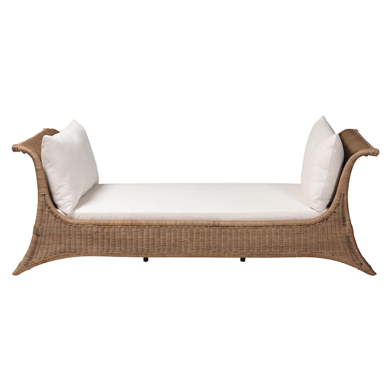 Kalisha Natural Rattan Daybed with Cushions - Coastal Boho Indoor Lounge Sofa Bench for Living Room, Sunroom, or Bedroom