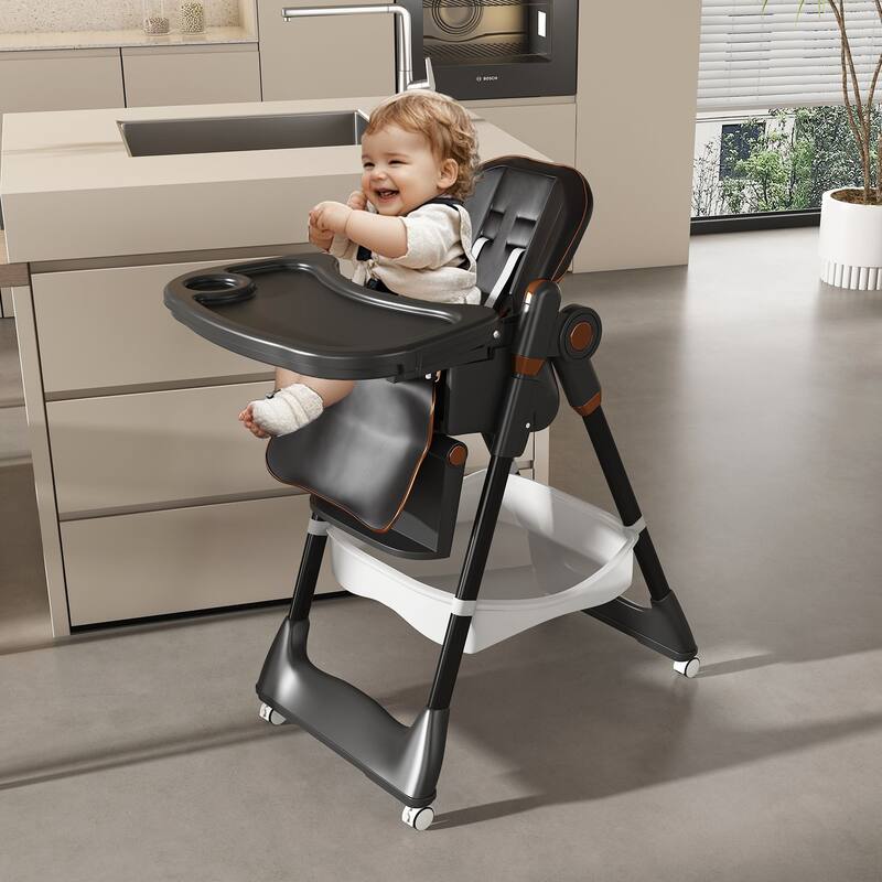 Adjustable High Chair for Babies Aged 0-6 Years with Safety Belt and Lockable Wheels