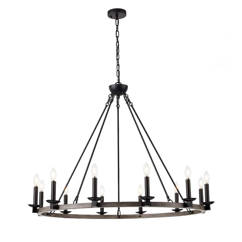 12-Lights Candle Wagon Wheel Chandelier - 39.4"D×4.7"W×75.2"H(Adjustable)