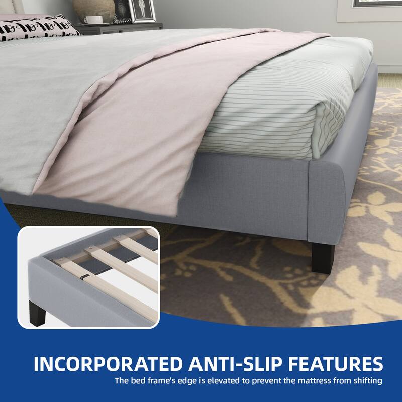 Moasis Linen Upholstered Platform Bed Velvet Bed Frame with Adjustable Headboard
