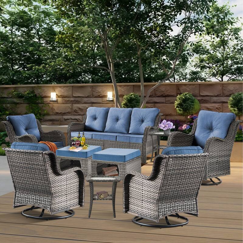 Gray Wicker Rattan Outdoor Patio Furniture Set Swivel Chair with Cushion