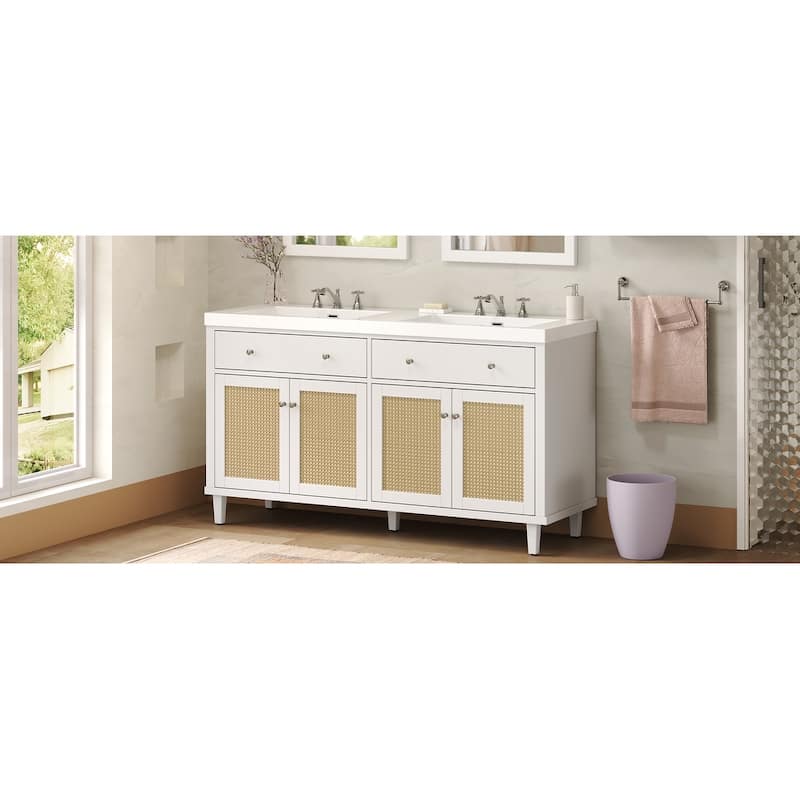 Christopher Knight Home - Bellmere 60" Modern Double Sink Bathroom Vanity with SMC Sink, Soft-Close Storage, and Solid Wood Legs