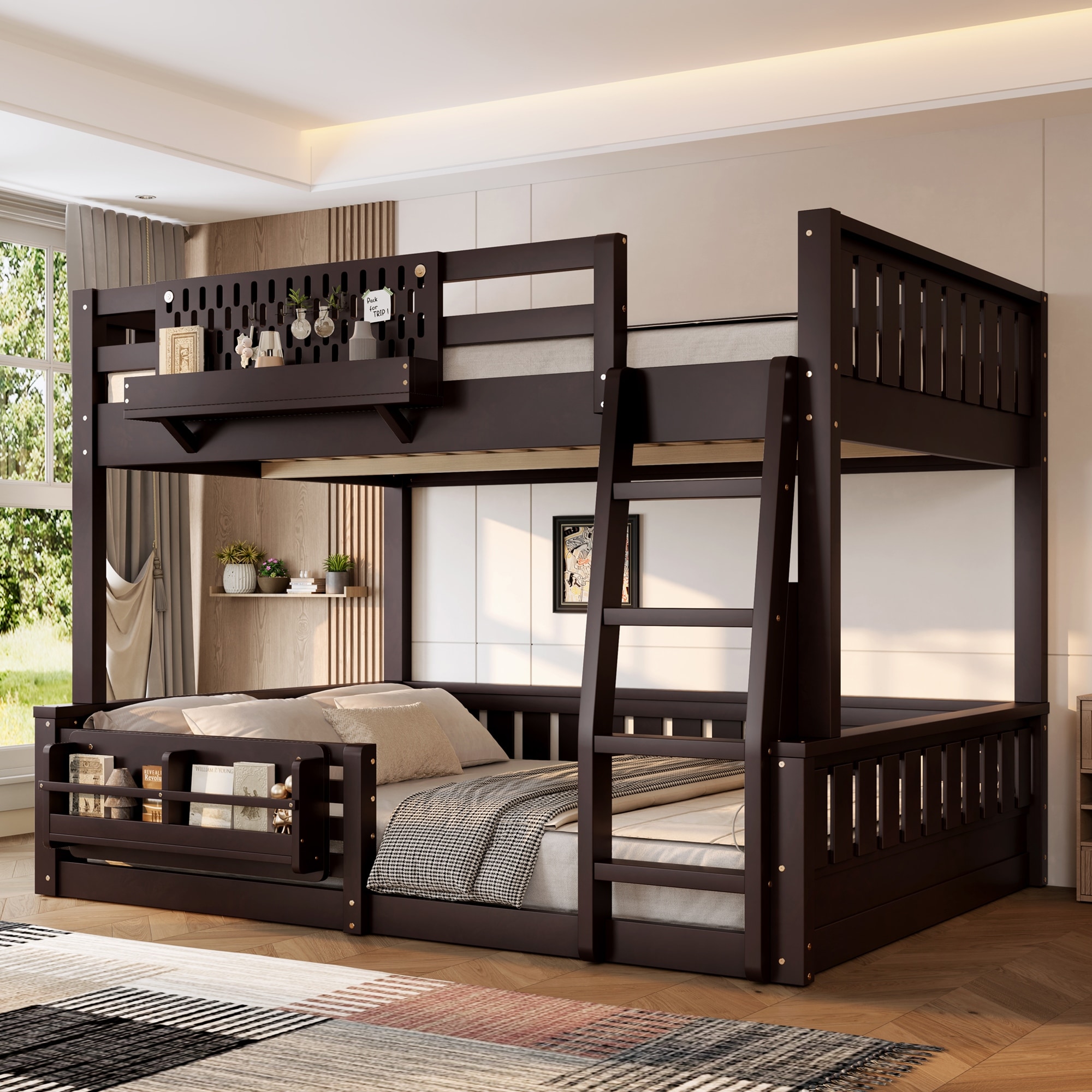 Full XL over Queen/Full over Queen Bunk Bed with Ladder and Guardrails, Pegboard and bookshelf