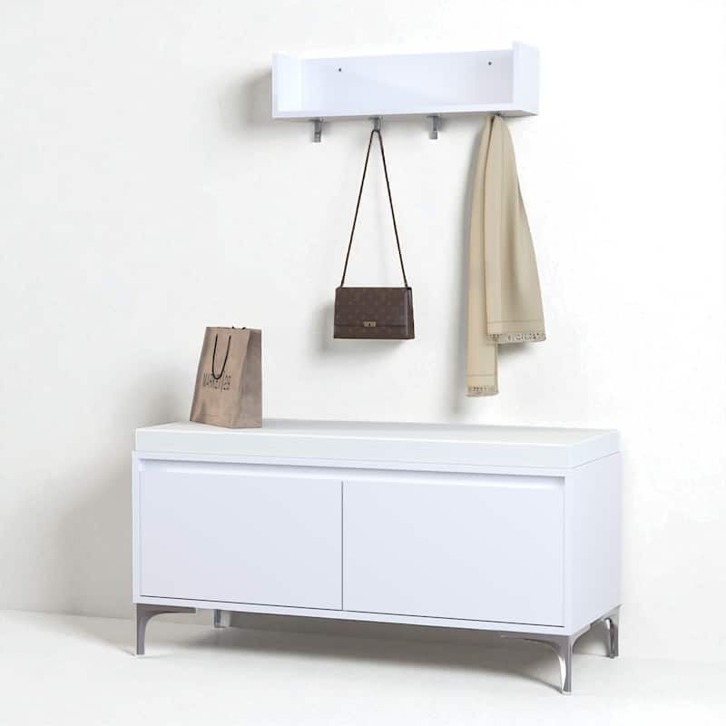 Wall-Mounted Entryway Shelf with Hooks and Shoe Storage Bench, Modern White Cabinet with Cushion for Hallway or Mudroom