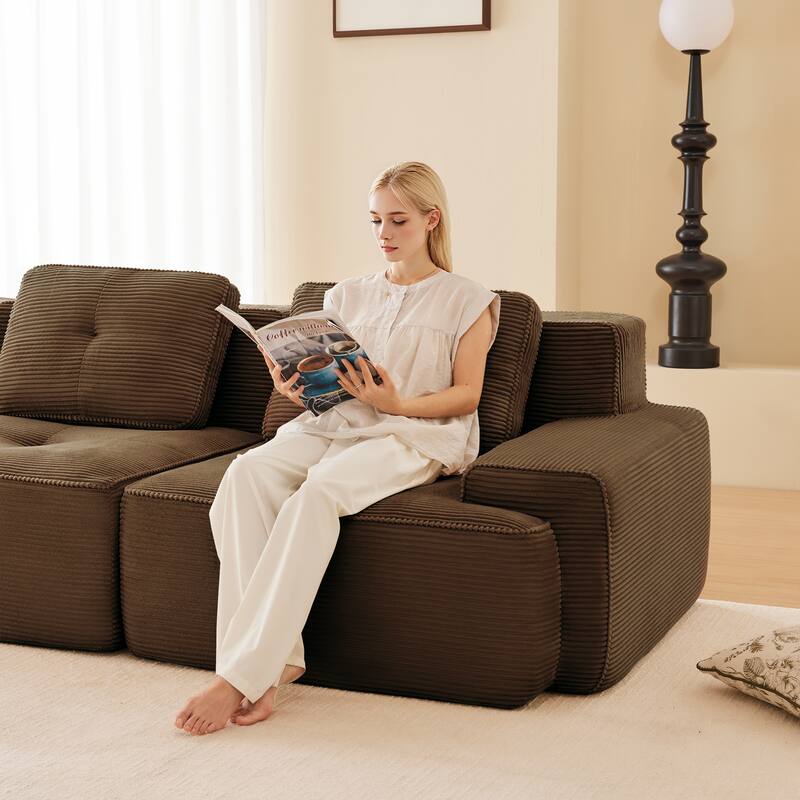 82" Tufted Sectional Sofa with Movable Ottoman, 2-Seater Corduroy Couch for Living Room, Floor Upholstered Leisure Loveseat