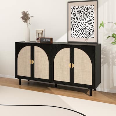 4 Doors Sideboard Accent Cabinet w/ Semi-circle Handle, Engineered Rattan Storage Cabinet Buffet Cabinet TV Console Table, Black