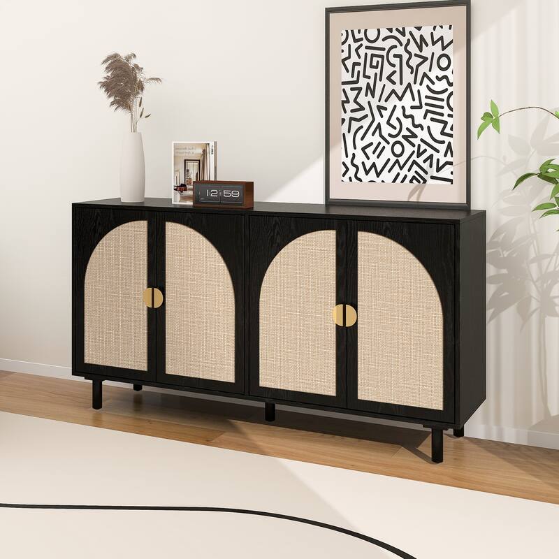 Engineered Rattan Sideboard Accent Storage Cabinet Black Buffet Cabinet