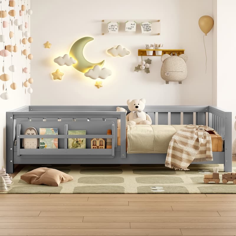 Low Profile Montessori Bed Floor Platform Bed with Fence and Bookshelf
