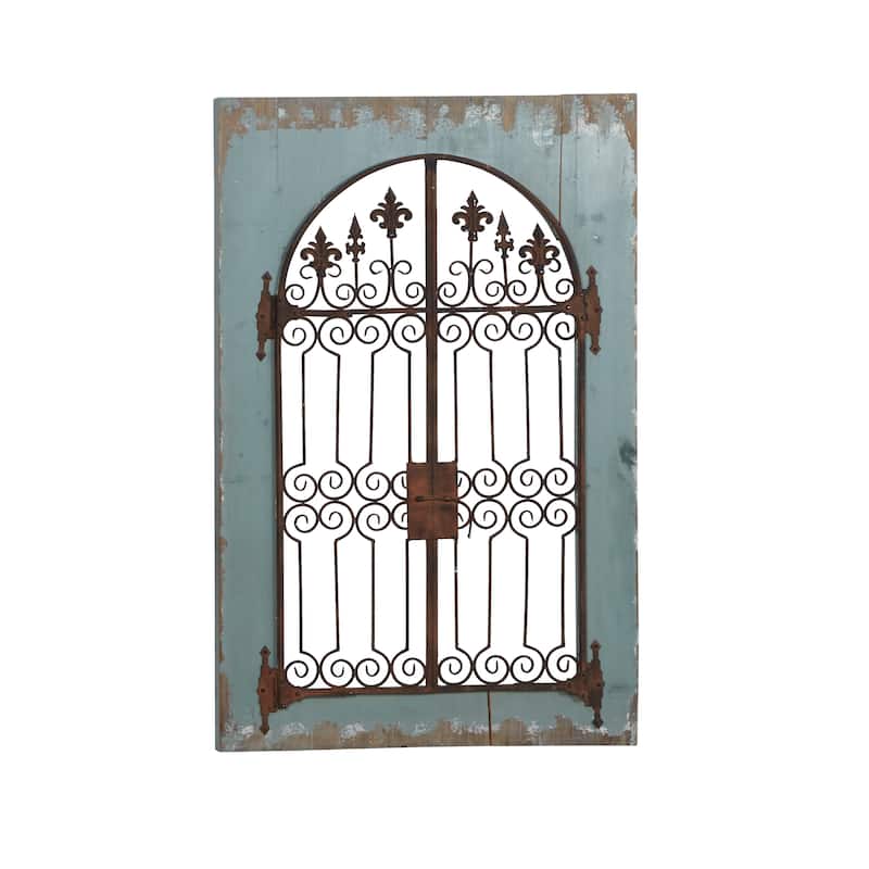 Blue Wood Arched Windowpane Fleur De Lis Home Wall Decor with Rust Metal Scrolled Gate