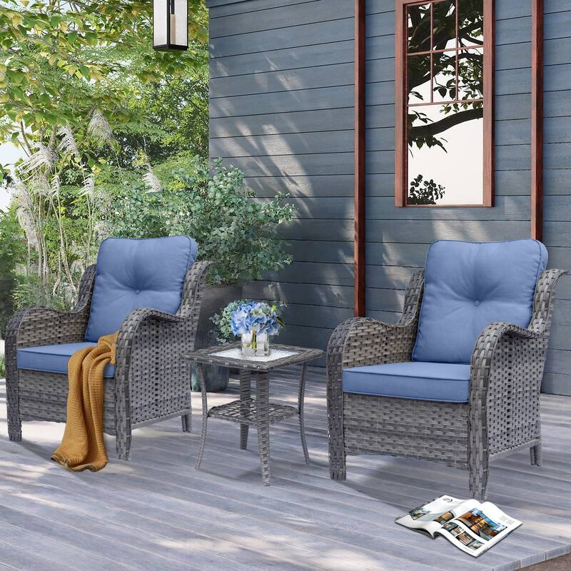 3 Piece High Back Wicker Rattan Outdoor Patio Furniture Chairs Set