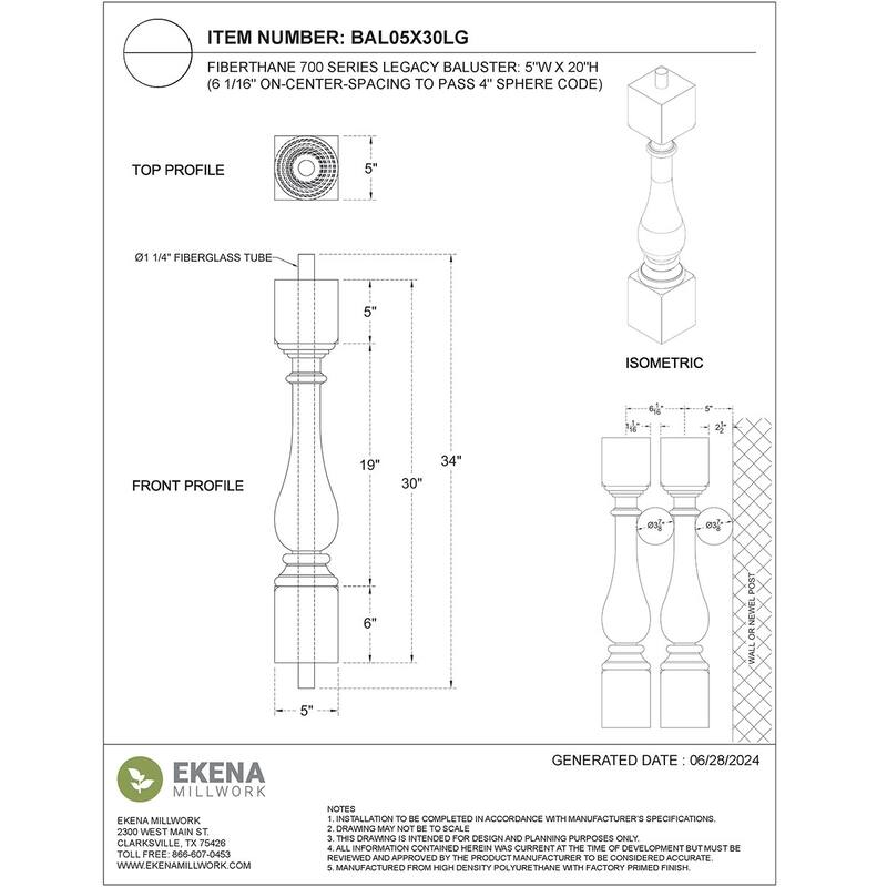 Fiberthane 700 Series Legacy Baluster, Factory Primed